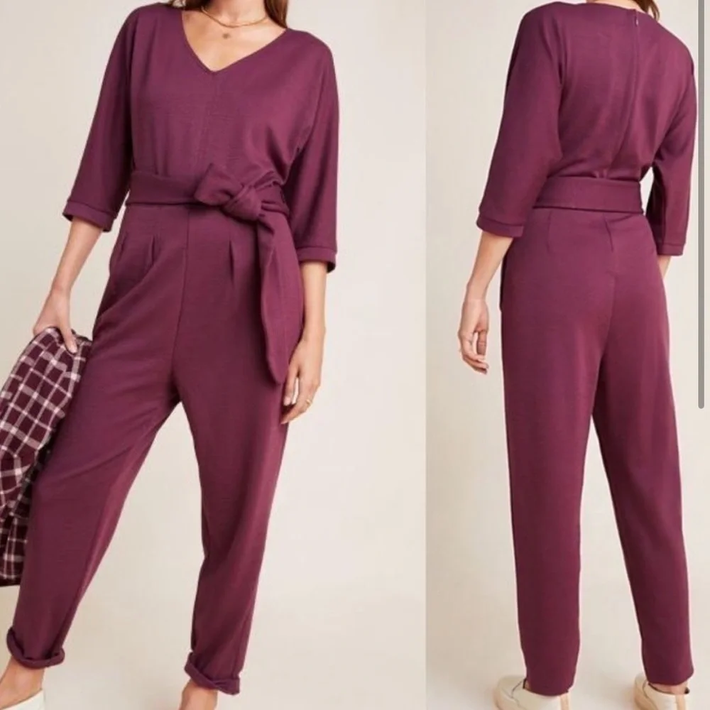 Anthropologie Ponte Sutton Berry Purple 3/4 Sleeve Tapered Leg Jumpsuit SZ XS